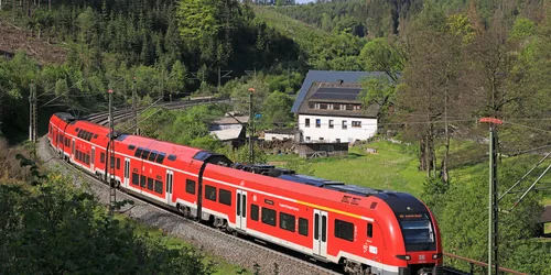 Eine S-Bahn in einer bewaldeten hügeligen Landschaft