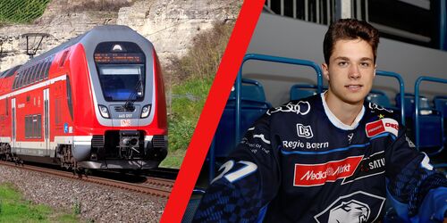 Ein Splitscreen Bild mit einer S-Bahn und einem Eishockeyspieler