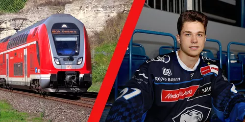 Ein Splitscreen Bild mit einer S-Bahn und einem Eishockeyspieler