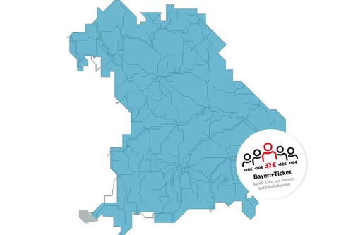 Man sieht eine Karte von Bayern mit dem groben Zugstreckennetz