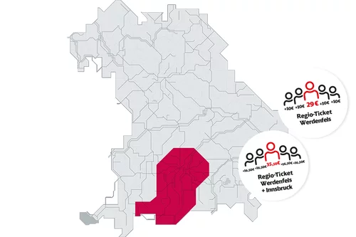 Man sieht eine Karte von Bayern mit dem groben Zugstreckennetz