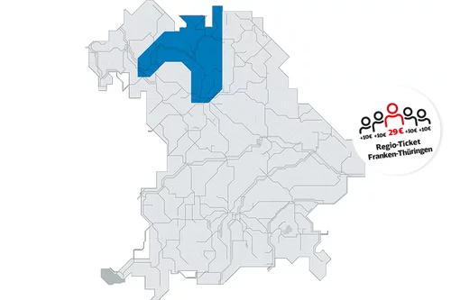 Man sieht eine Karte von Bayern mit dem groben Zugstreckennetz