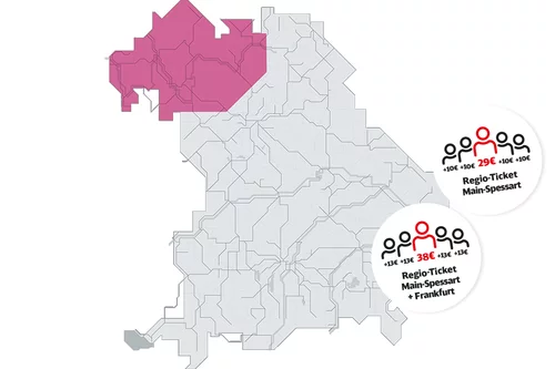 Man sieht eine Karte von Bayern mit dem groben Zugstreckennetz